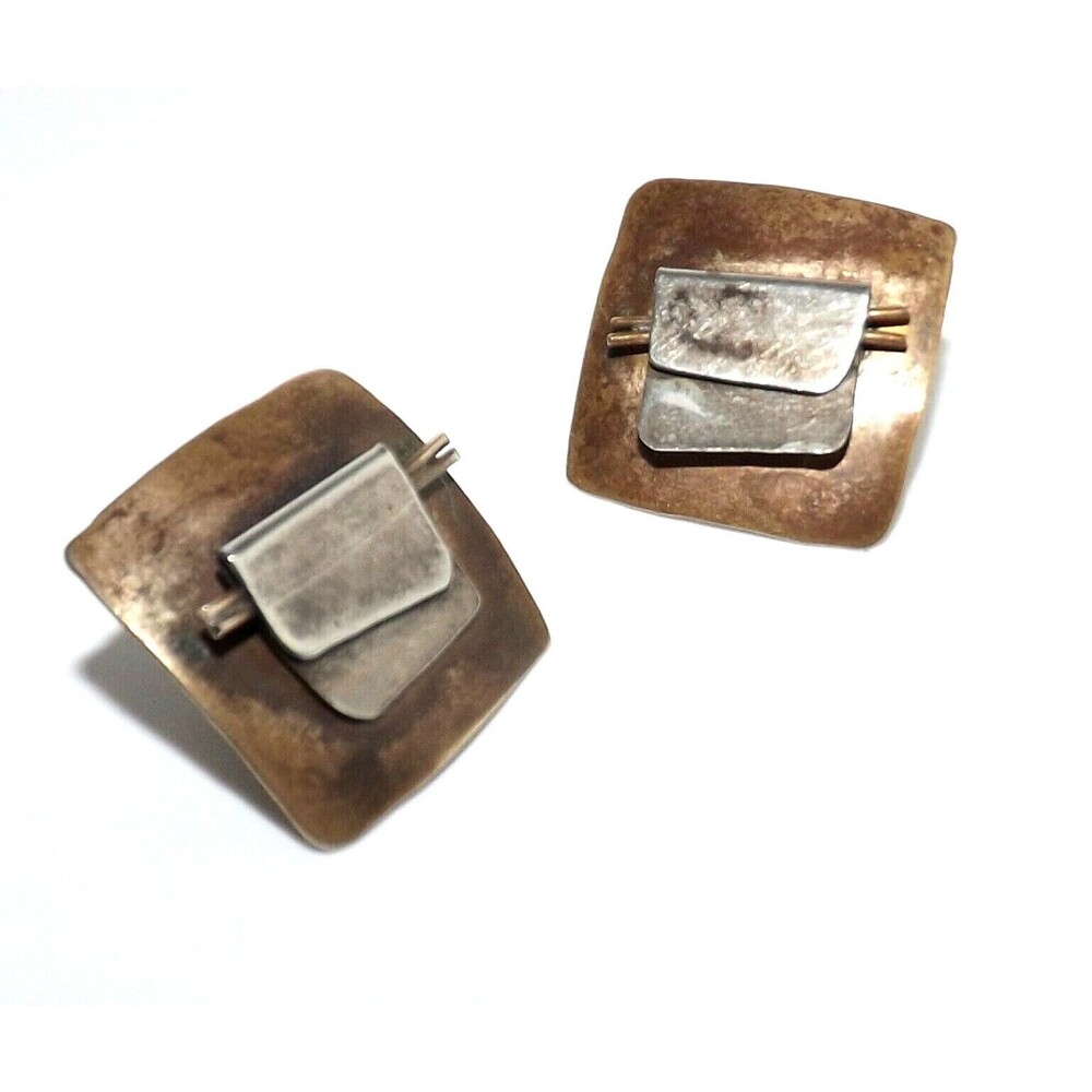Vintage Geometric Modernist Earrings Sterling Silver Copper Abstract